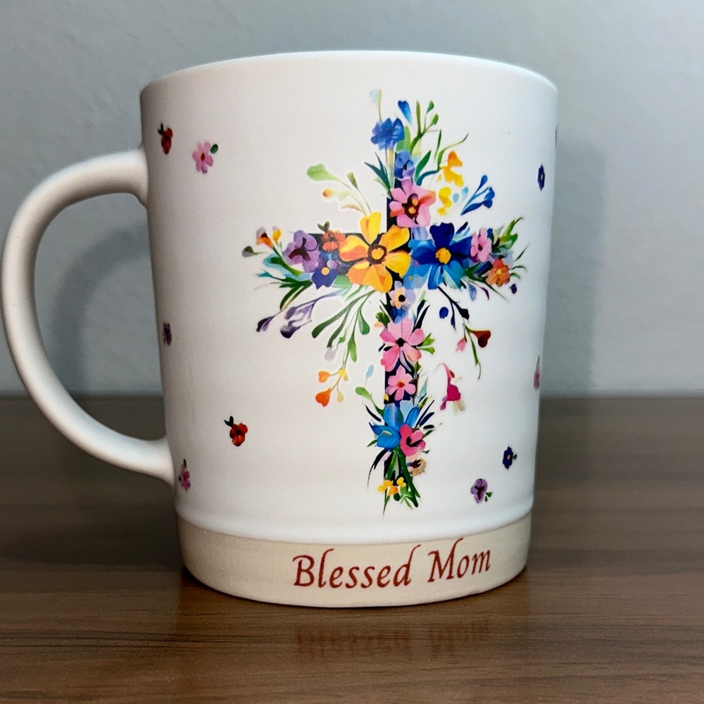 Blessed Mom Floral Cross Ceramic Mug - White